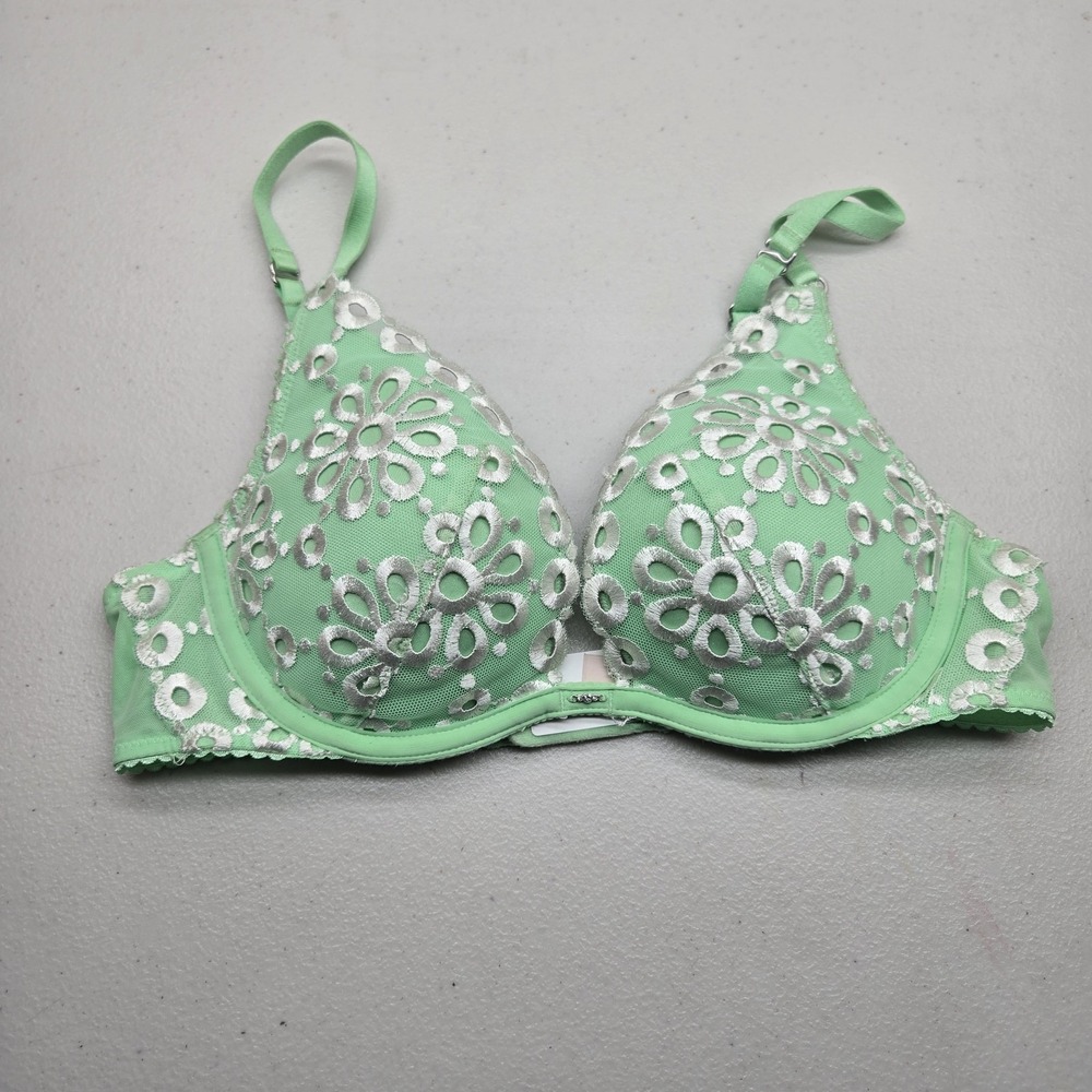 Victoria's Secret Women Bra 32B Green Floral Push Up Pigeonnant Underwired Lace